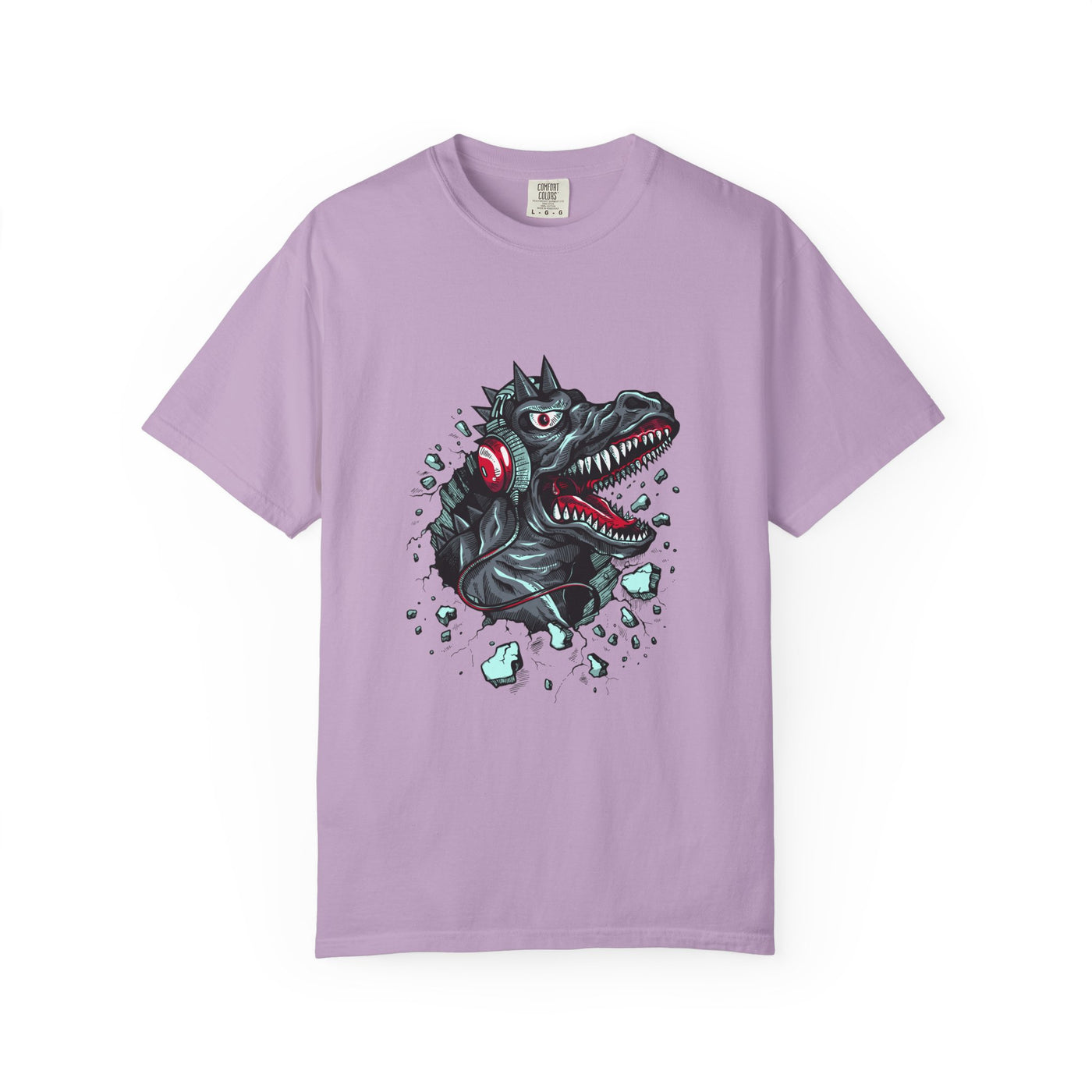 Dinosaur with Headphones Breaking Wall Graphic Design T-Shirt - Sinful Threads