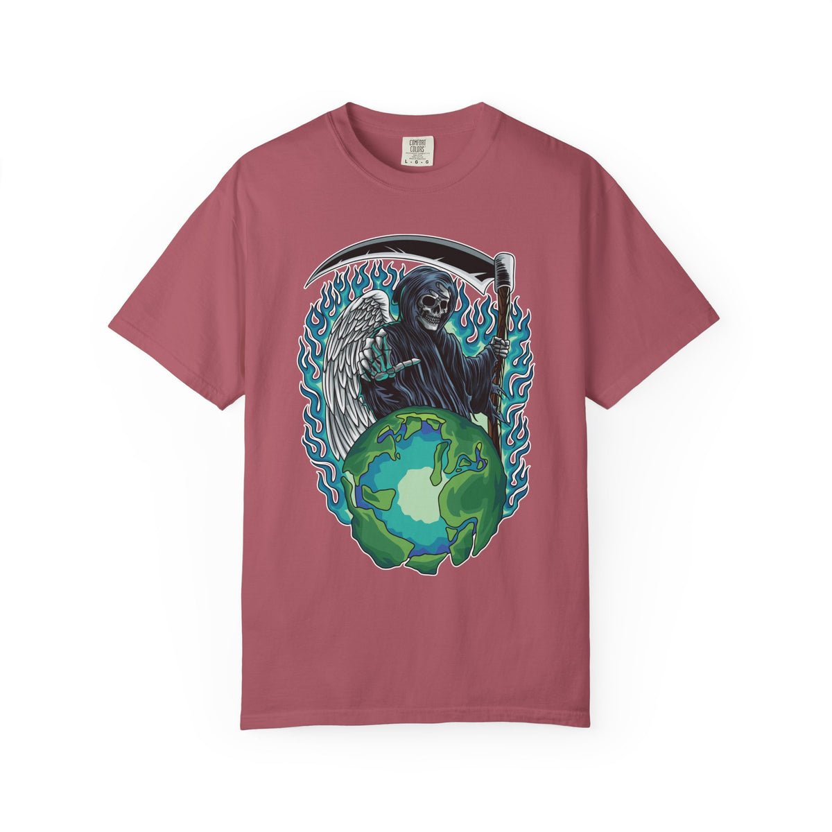 Grim Reaper Tee – Blue Flames Skull Gothic Death Shirt