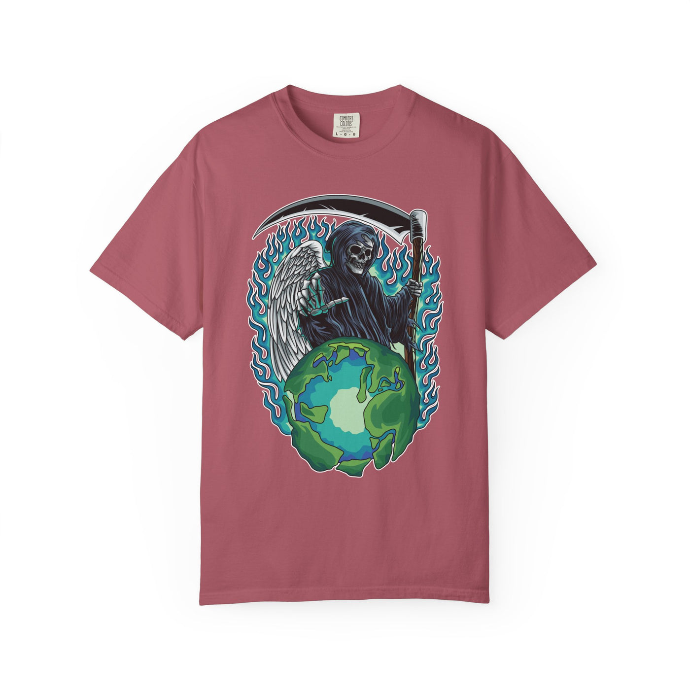 Grim Reaper Tee – Blue Flames Skull Gothic Death Shirt - Sinful Threads