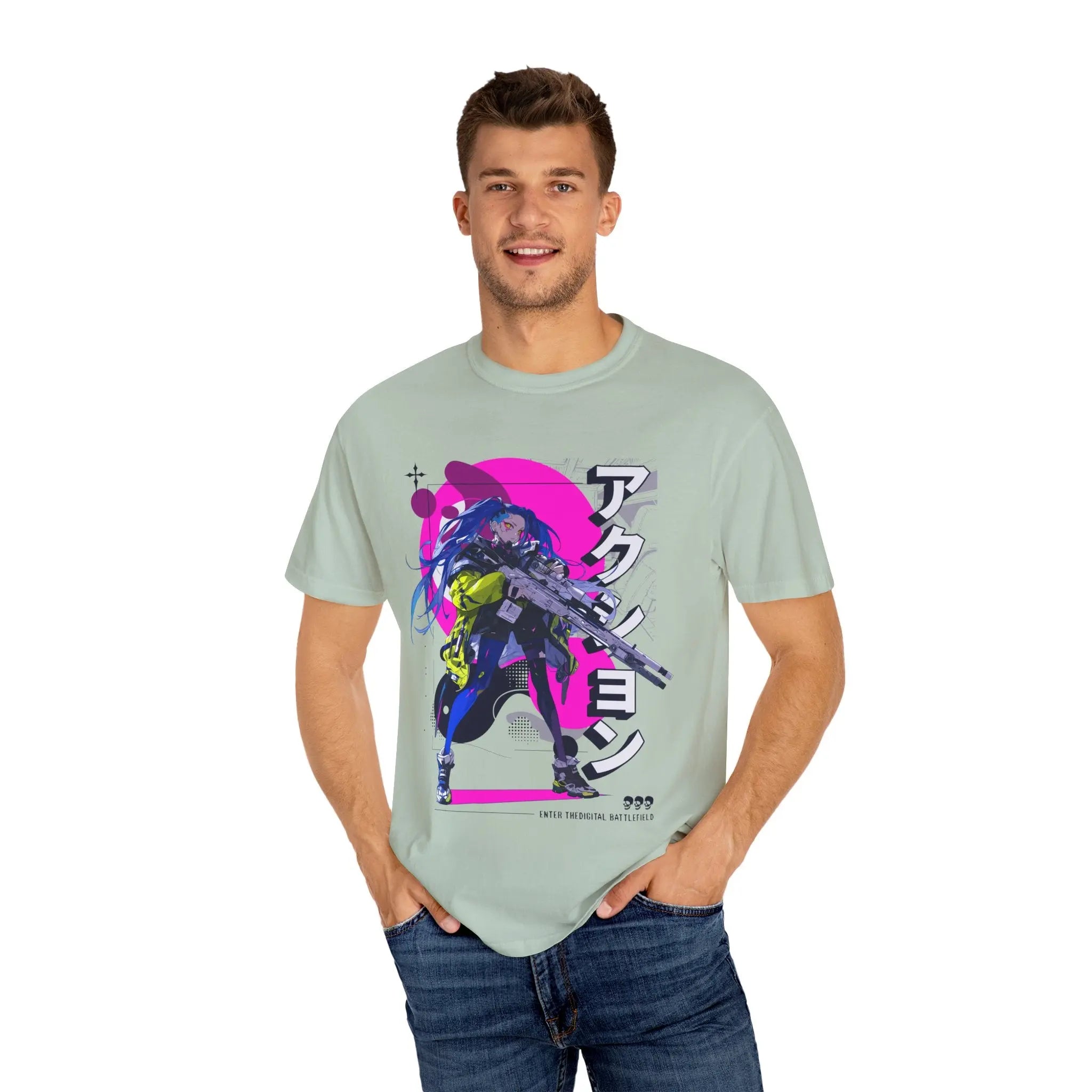Cyberpunk Girl Tee - Futuristic Manga Gun Streetwear - Sinful Threads