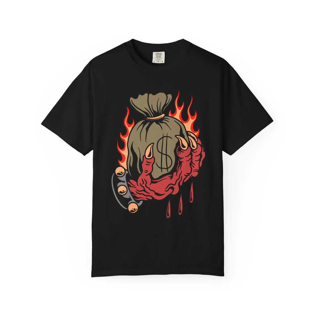 Money Bag Shirt - Devil's Hand Flaming Dollar Tattoo Tee - Sinful Threads