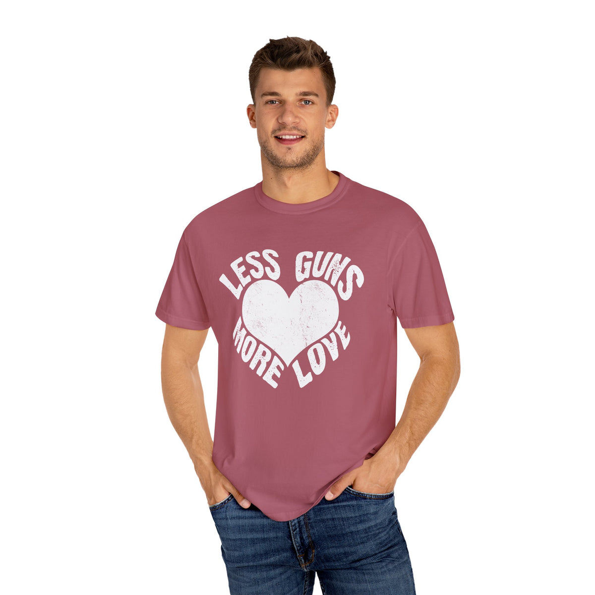 Less Guns More Love Heart Shaped Message Art T-Shirt - Sinful Threads
