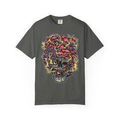 Gray t-shirt with a colorful skull design on a white background