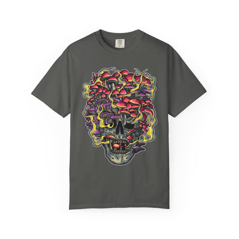 Gray t-shirt with a colorful skull design on a white background