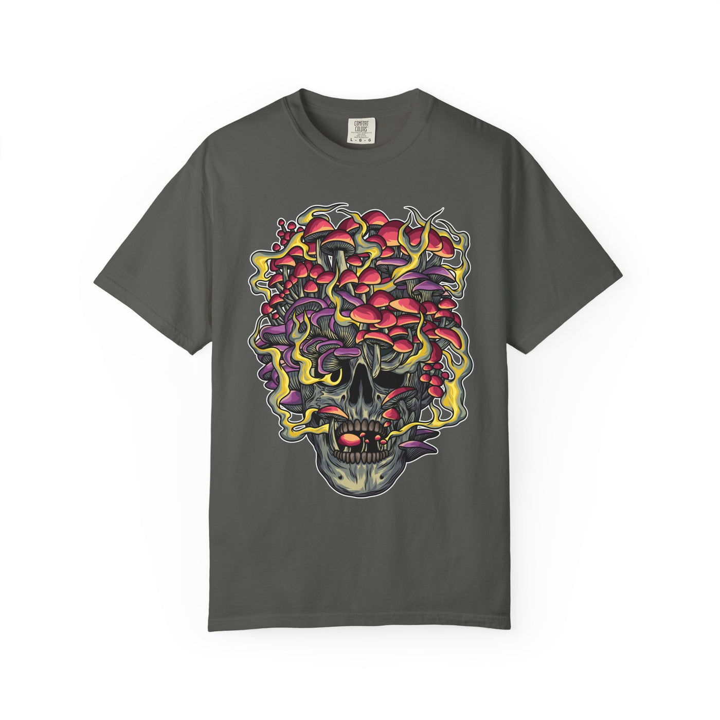 Gray t-shirt with a colorful skull design on a white background