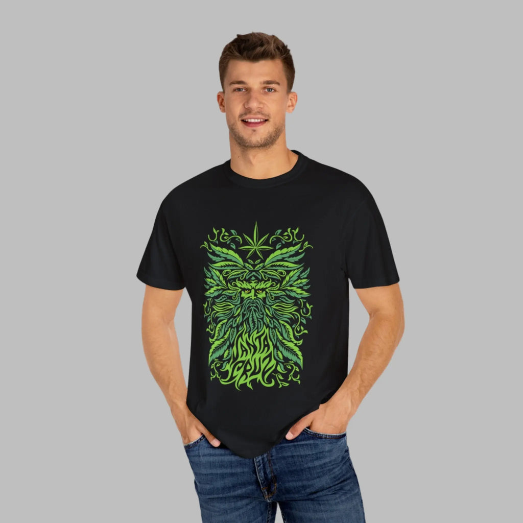 Man wearing a black t-shirt with Cannabis leaf design on a white background