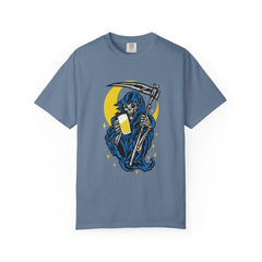 Death Drinks Beer Under The Moon Funny Graphic T-Shirt