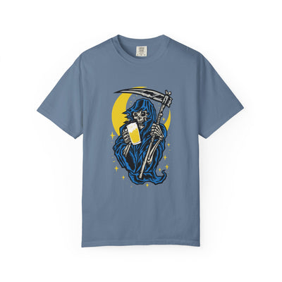 Death Drinks Beer Under The Moon Funny Graphic T-Shirt - Sinful Threads