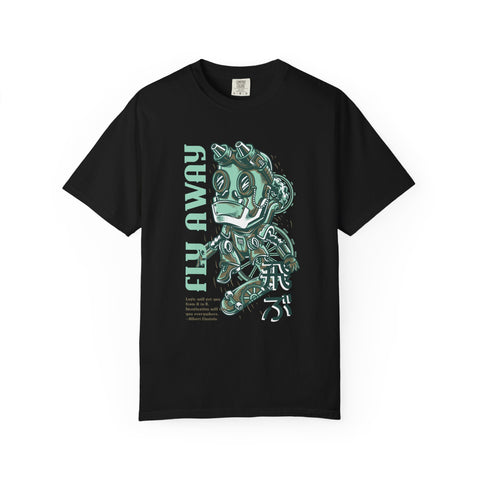 Fly Away Steampunk Robot With Japanese Text Design T-Shirt