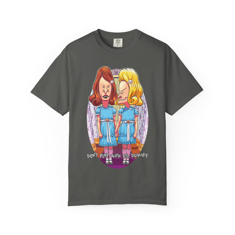 Gray t-shirt with a graphic of The Shining Beavis Butthead and text on a white background