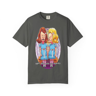 Gray t-shirt with a graphic of The Shining Beavis Butthead and text on a white background