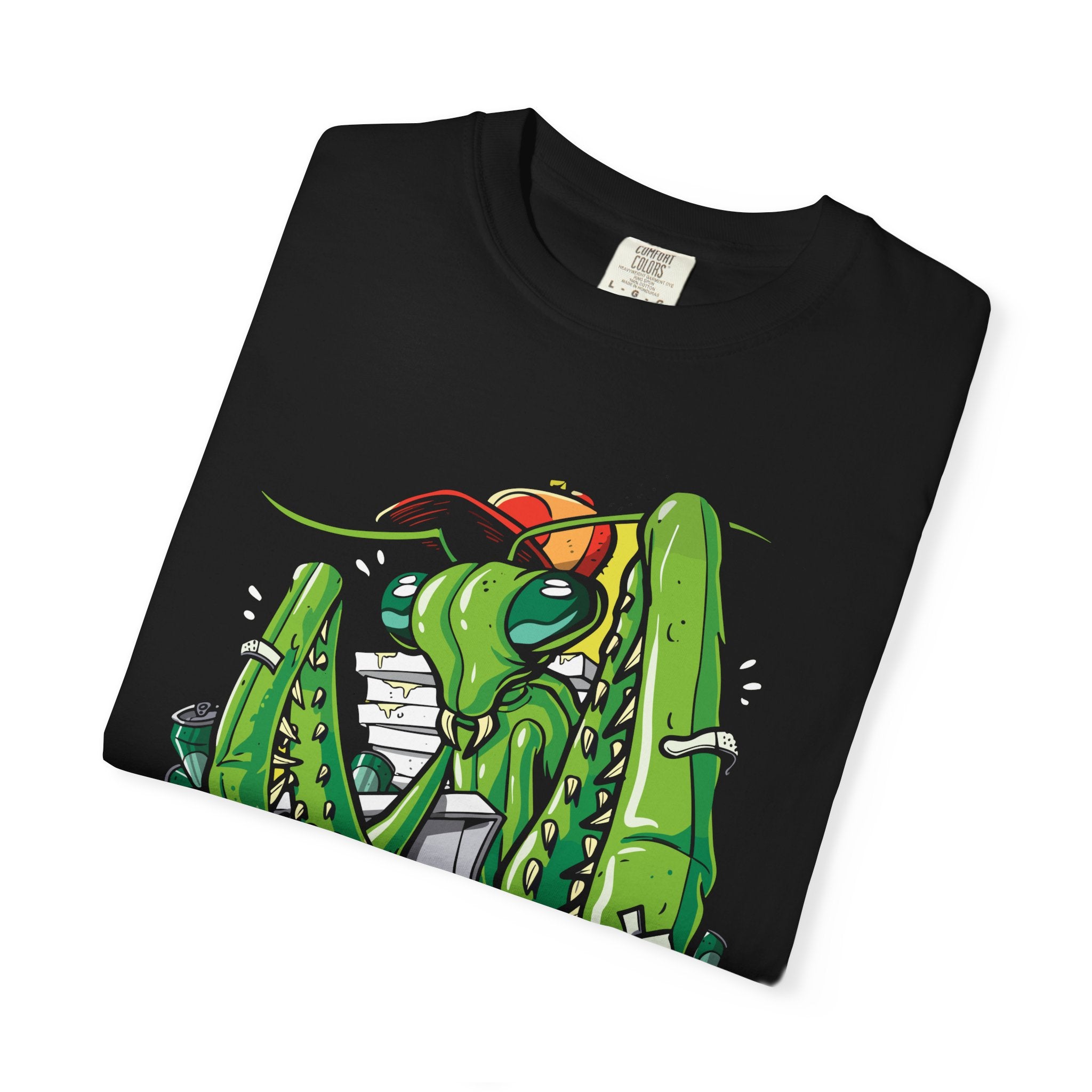 Green Praying Mantis Pizza Tee - Fun Graphic Shirt Design - Sinful Threads