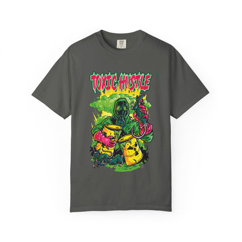Gray t-shirt with colorful graphic design and 'Toxic Hustle' text on a white background