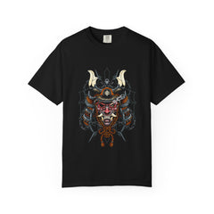 Black t-shirt with a graphic design of a warrior mask on a white background