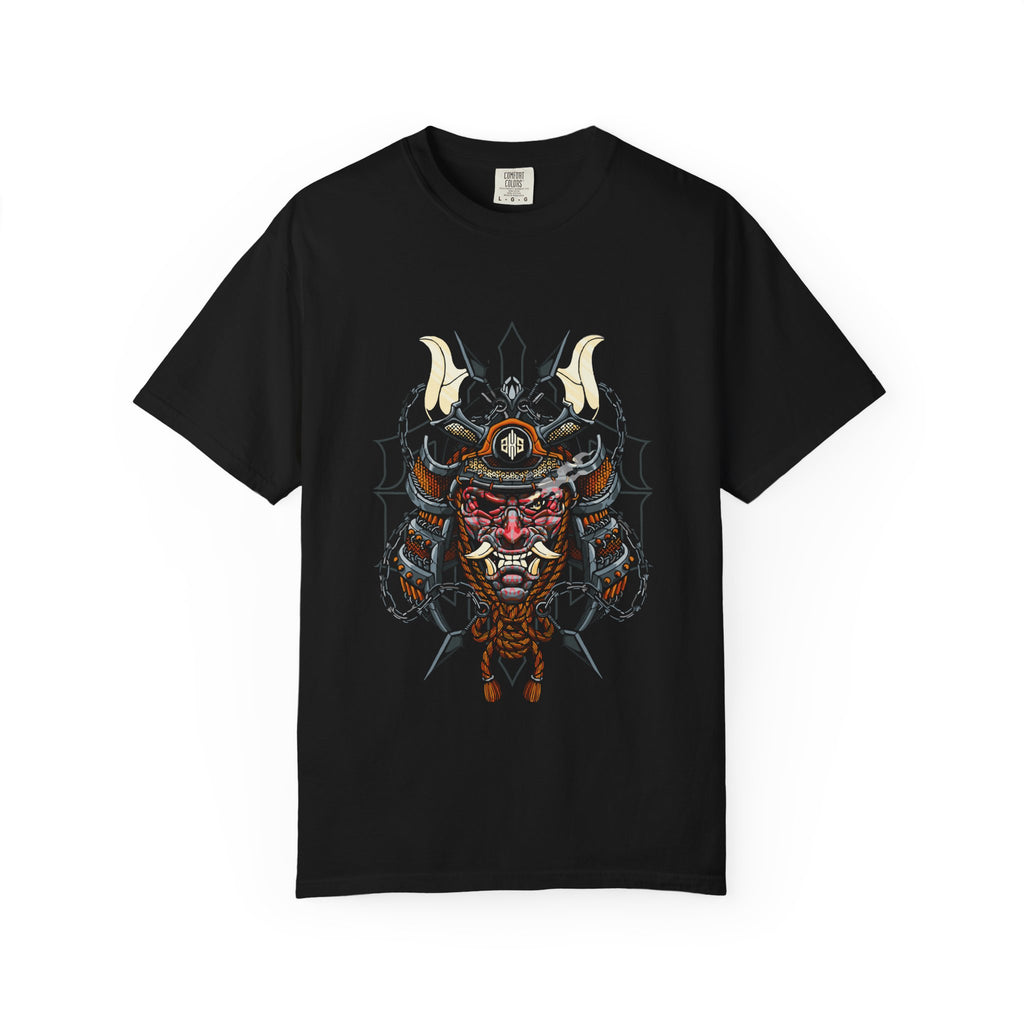 Black t-shirt with a graphic design of a warrior mask on a white background