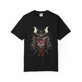 Black t-shirt with a graphic design of a warrior mask on a white background