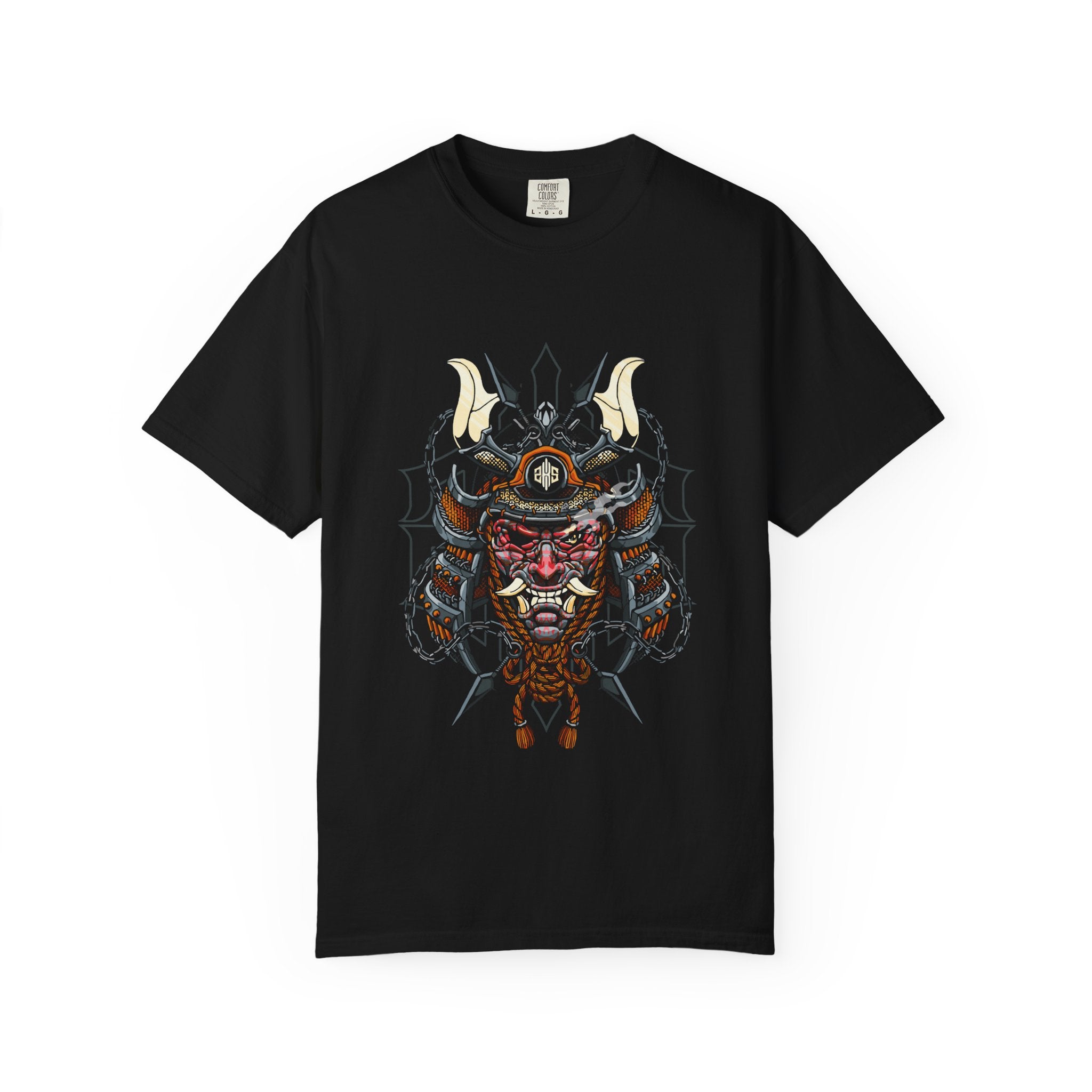 Black t-shirt with a graphic design of a warrior mask on a white background