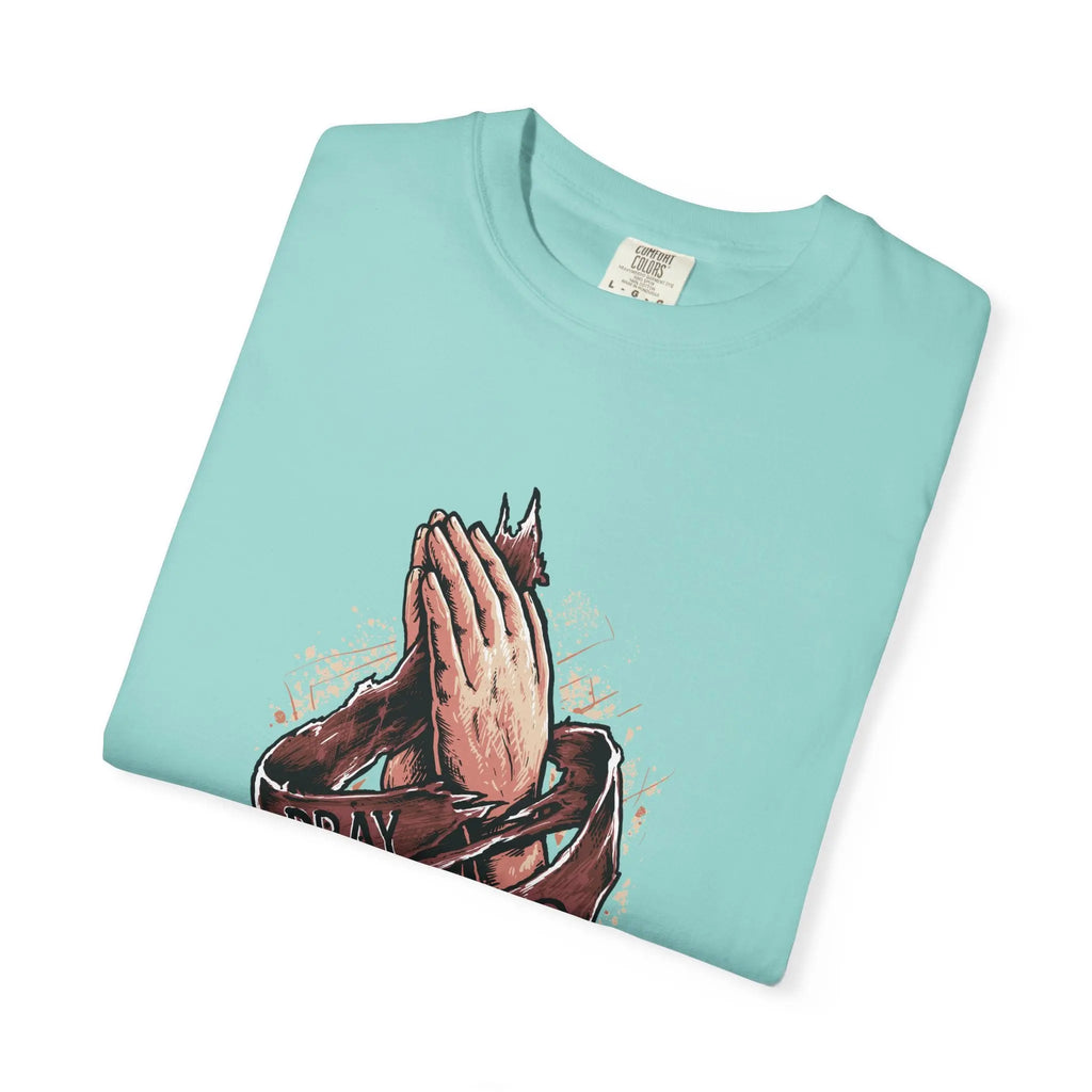 Pray Hard Hands With Ribbon Graphic Religious Art T-Shirt - Sinful Threads