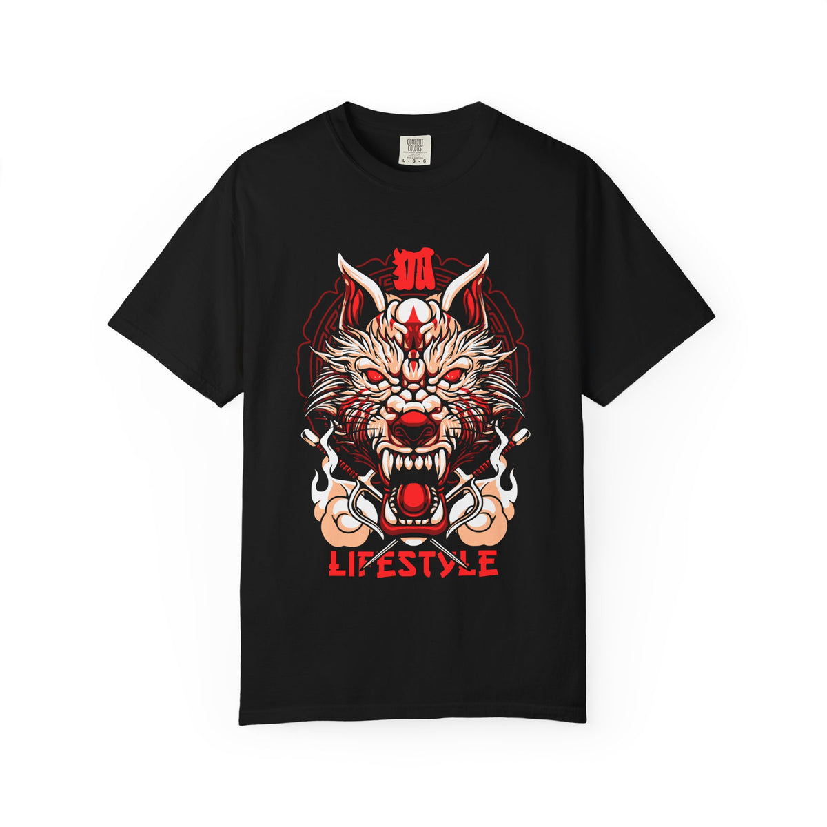 Black t-shirt with a graphic design of a wolf head and 'Lifestyle' text on a white background