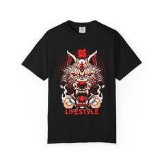Black t-shirt with a graphic design of a wolf head and 'Lifestyle' text on a white background