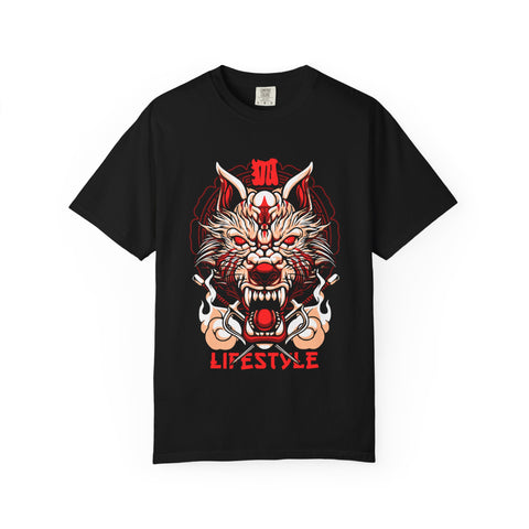 Black t-shirt with a graphic design of a wolf head and 'Lifestyle' text on a white background