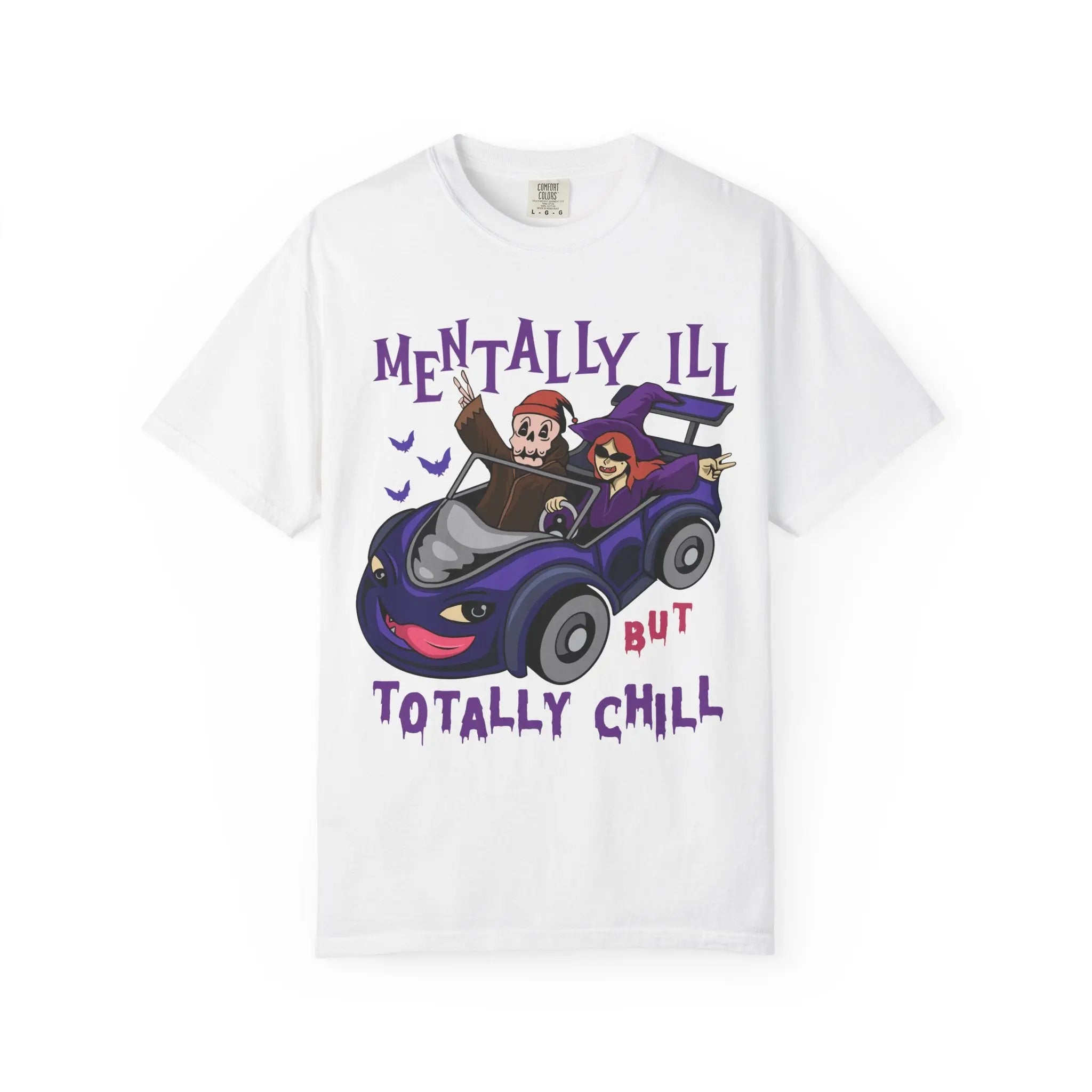 White t-shirt with graphic of two characters in a car and text 'Mentally Ill But Totally Chill' on a white background