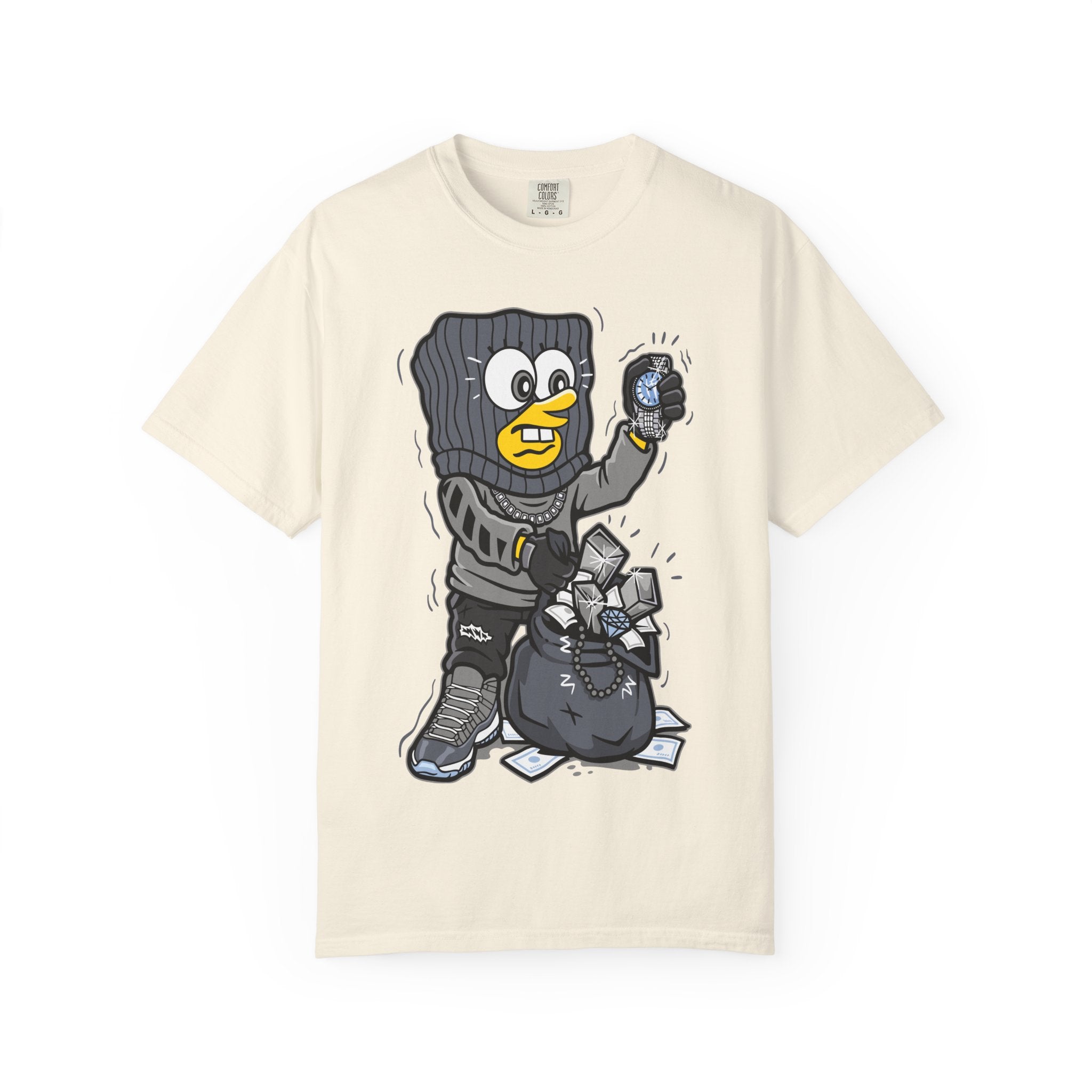 Cartoon Burglar Tee – Funny Diamond Loot Graphic Shirt - Sinful Threads