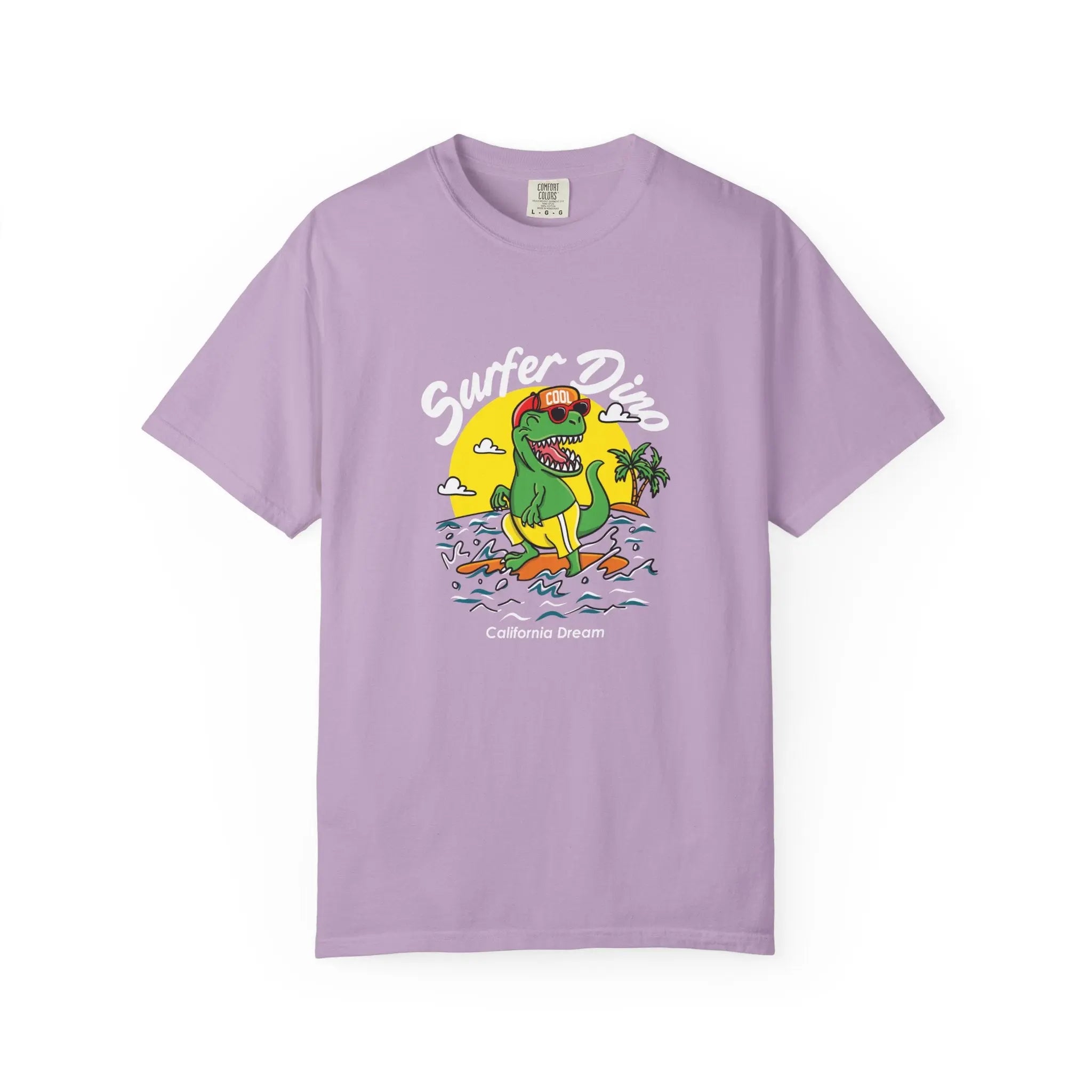 California Dream Surfing Dinosaur In Waves With Palm Tree Graphic T-Shirt - Sinful Threads