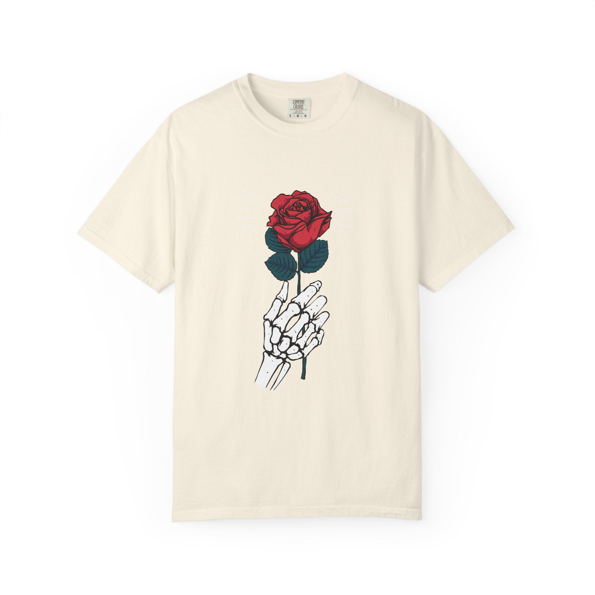 Red Rose In a Skeletal Hand Unique Graphic T-Shirt - Sinful Threads