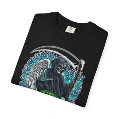 Grim Reaper Tee – Blue Flames Skull Gothic Death Shirt