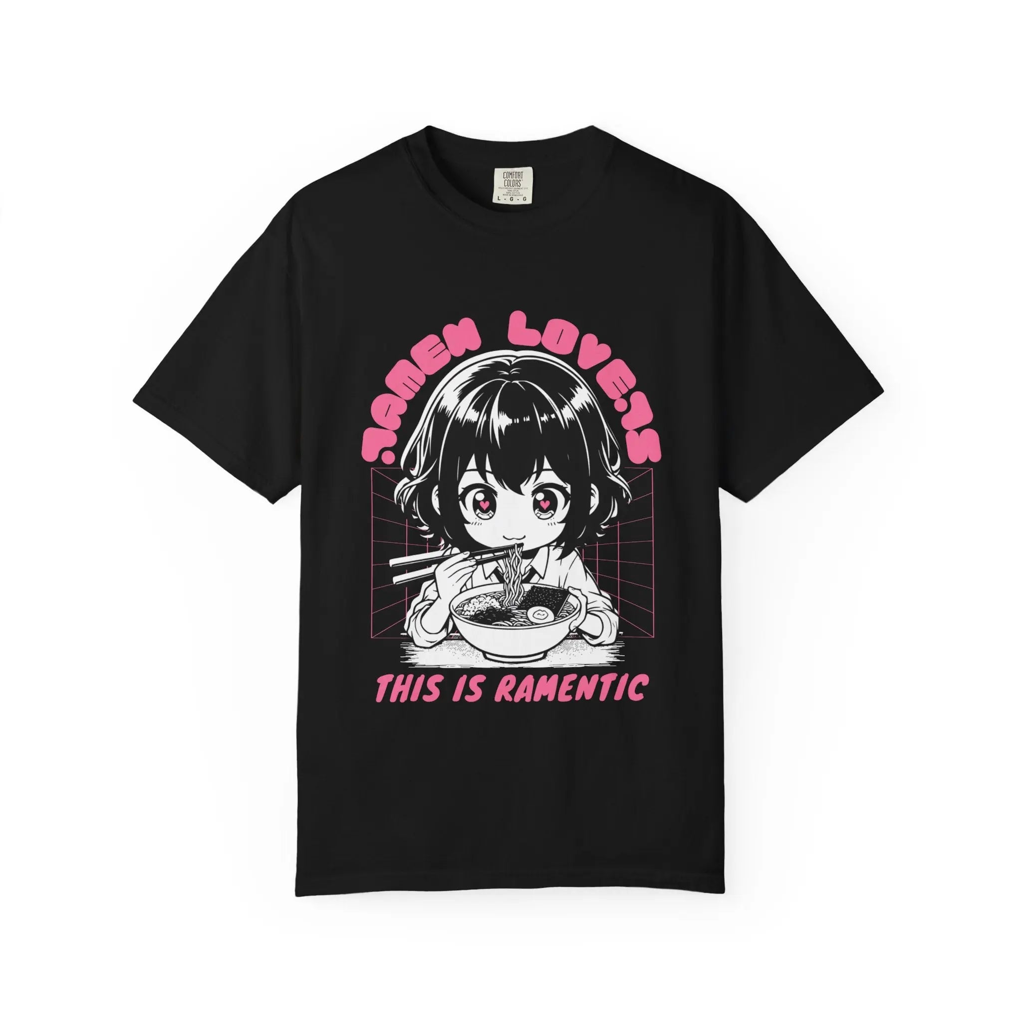 Black t-shirt with a graphic of a girl eating ramen and text 'RAMEN LOVERS THIS IS RAMENTIC' on a white background.