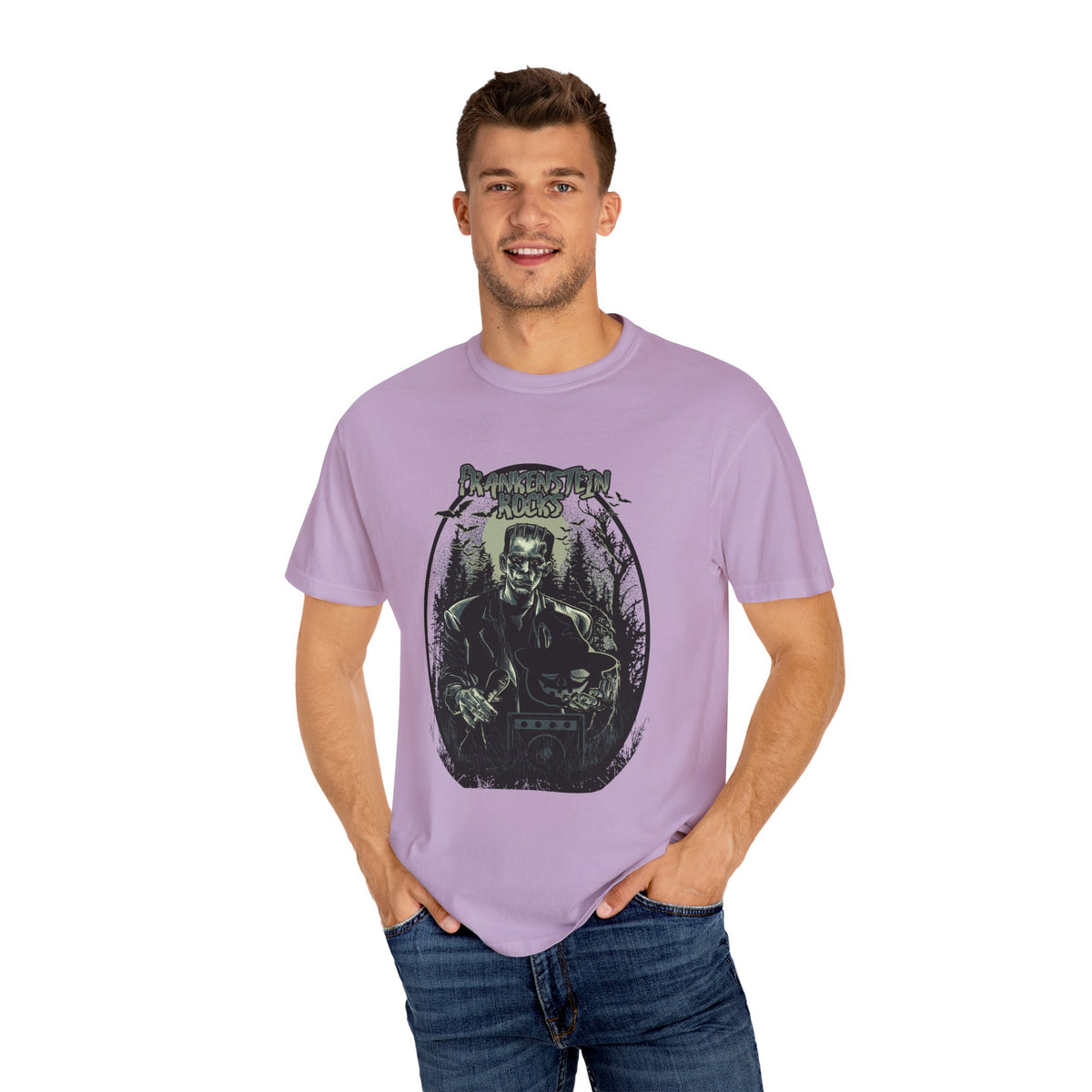 Frankenstein Rocks Halloween Graphic Novelty Design T-Shirt
