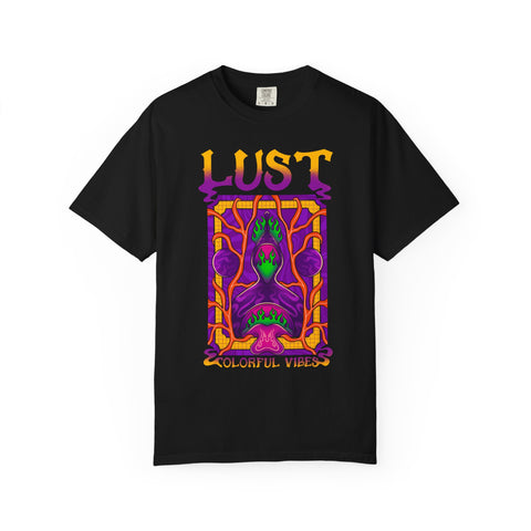 Black t-shirt with colorful graphic design and text on a white background
