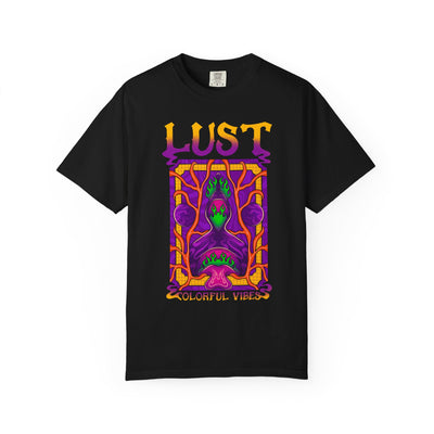 Black t-shirt with colorful graphic design and text on a white background