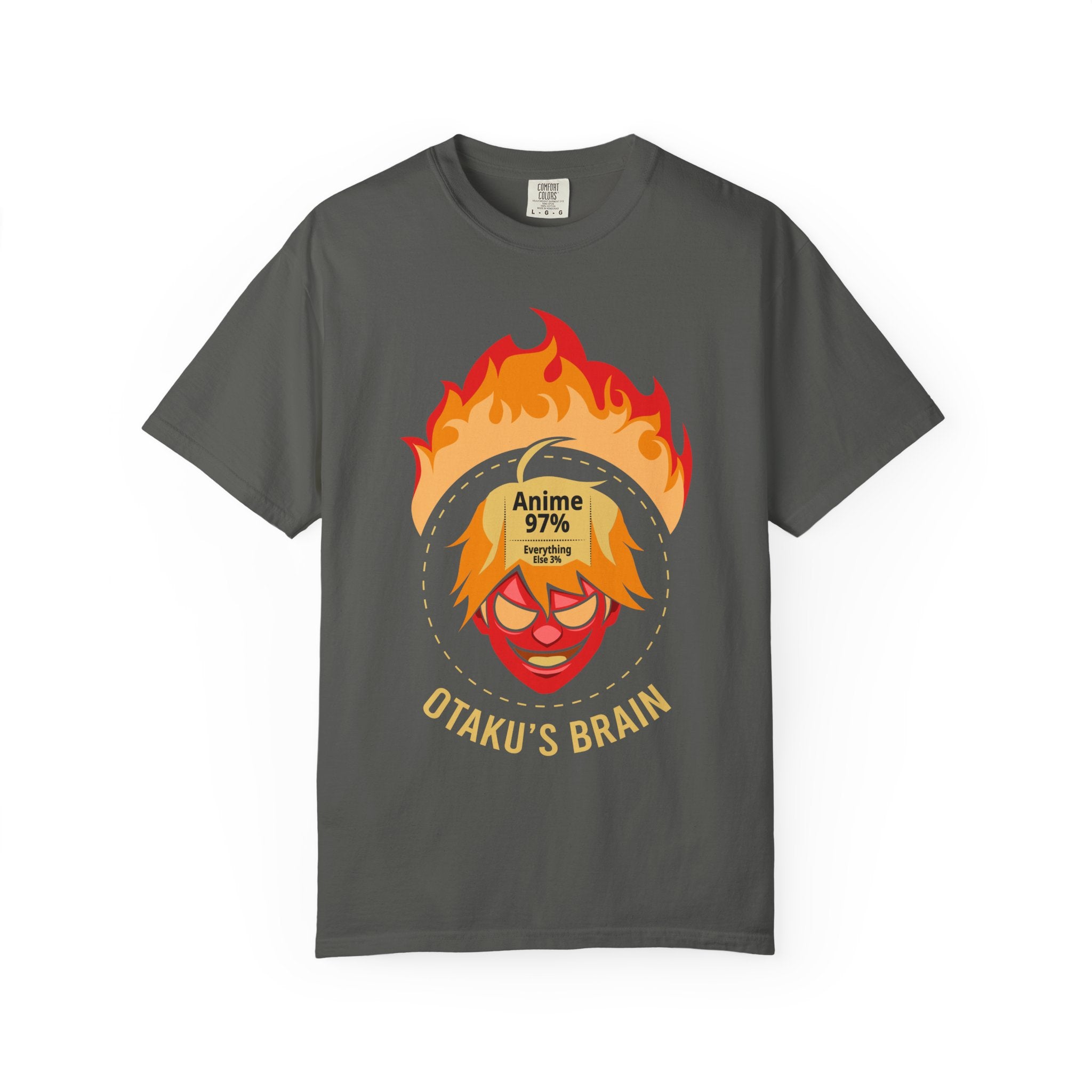 Gray t-shirt with a graphic design featuring flames and text on a white background