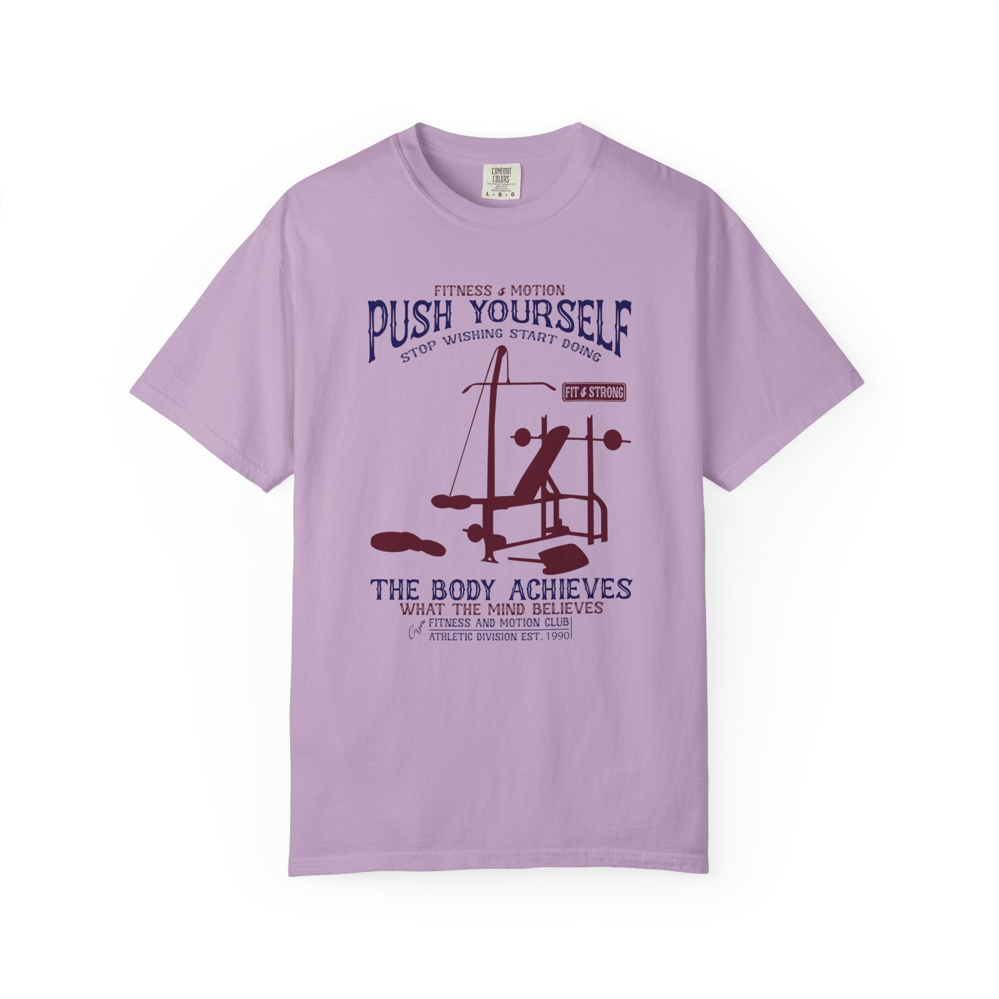 Lavender t-shirt with fitness graphic and text on a white background