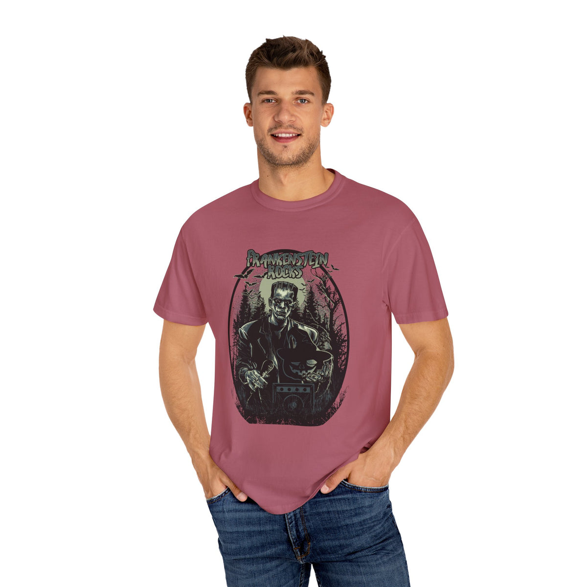 Frankenstein Rocks Halloween Graphic Novelty Design T-Shirt