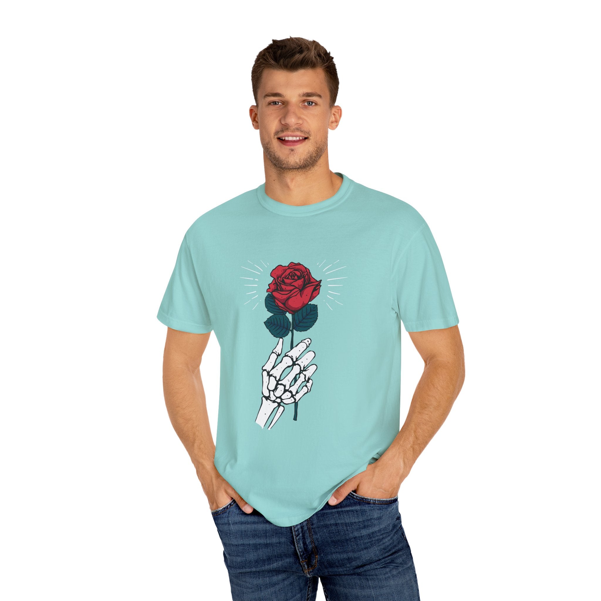 Red Rose In a Skeletal Hand Unique Graphic T-Shirt - Sinful Threads