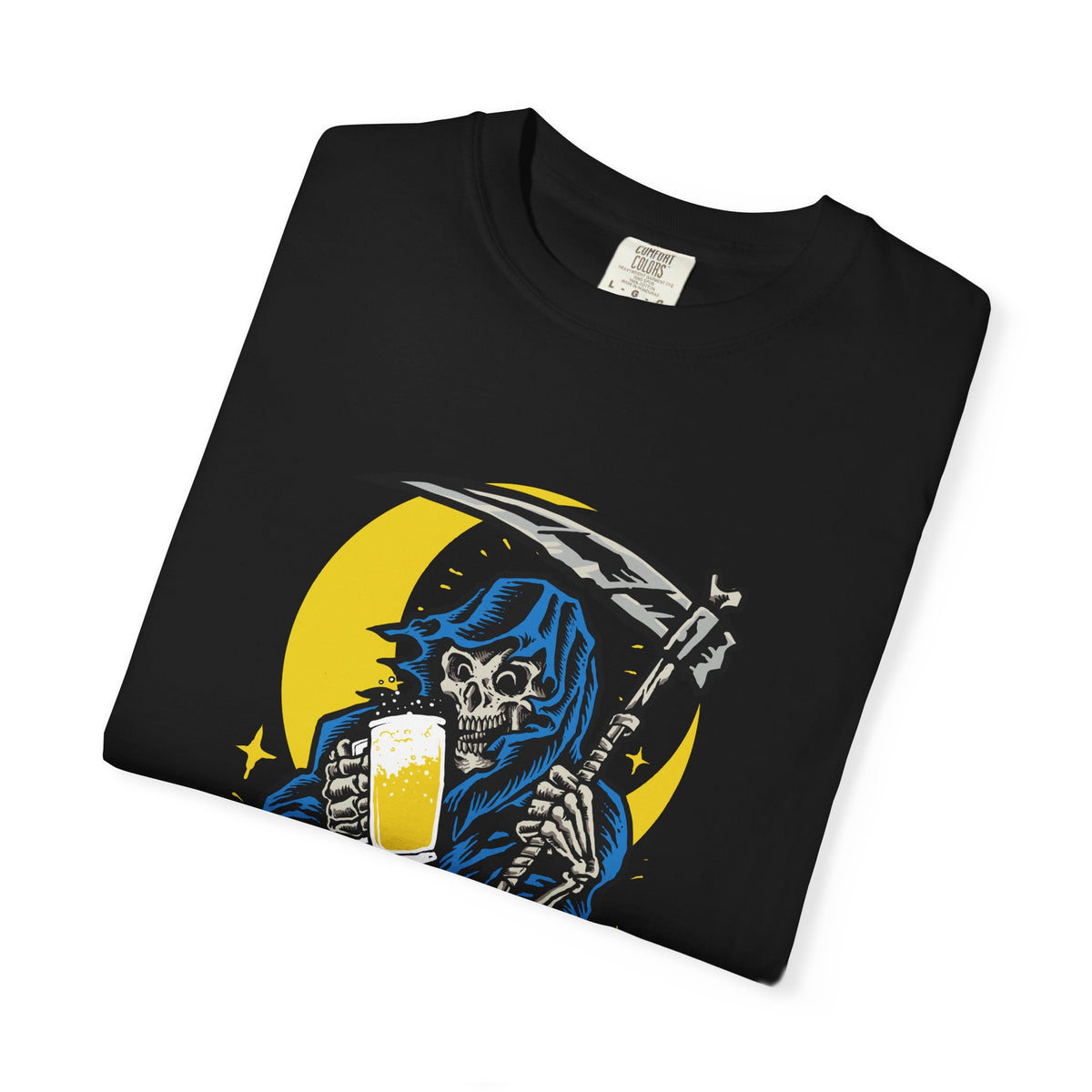 Death Drinks Beer Under The Moon Funny Graphic T-Shirt