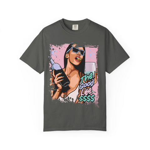 Gray t-shirt with a graphic of a woman holding a drink and 'The Good Life SSS' text on a white background