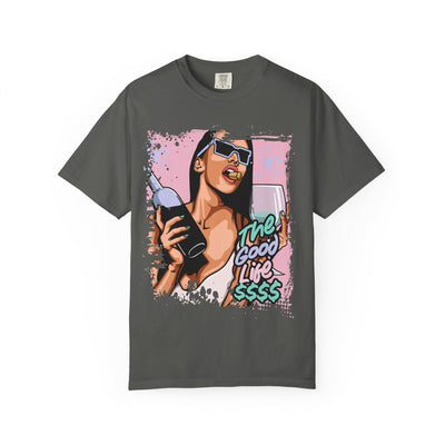 Gray t-shirt with a graphic of a woman holding a drink and 'The Good Life SSS' text on a white background