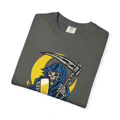 Death Drinks Beer Under The Moon Funny Graphic T-Shirt