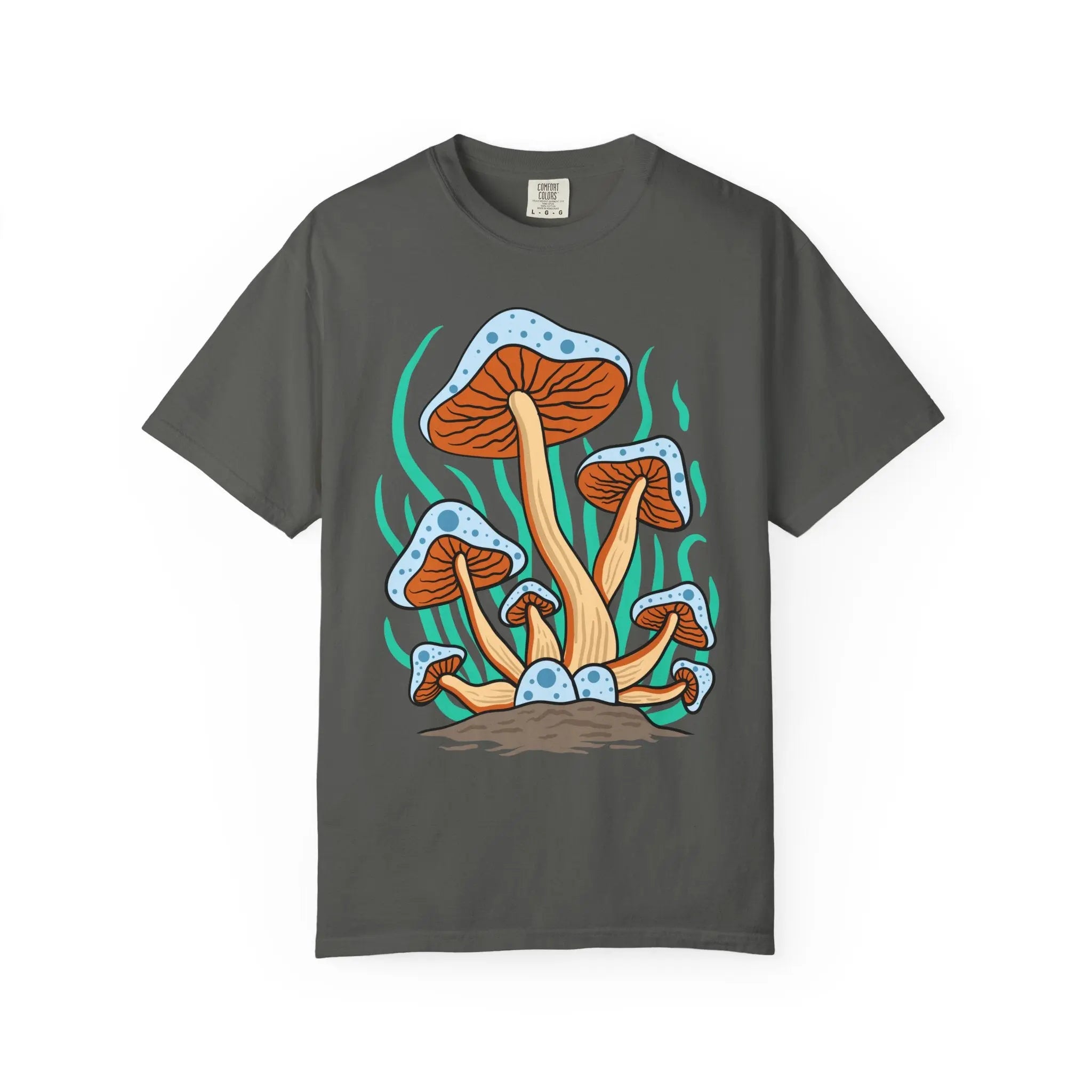 Gray t-shirt with a colorful mushroom design on a white background