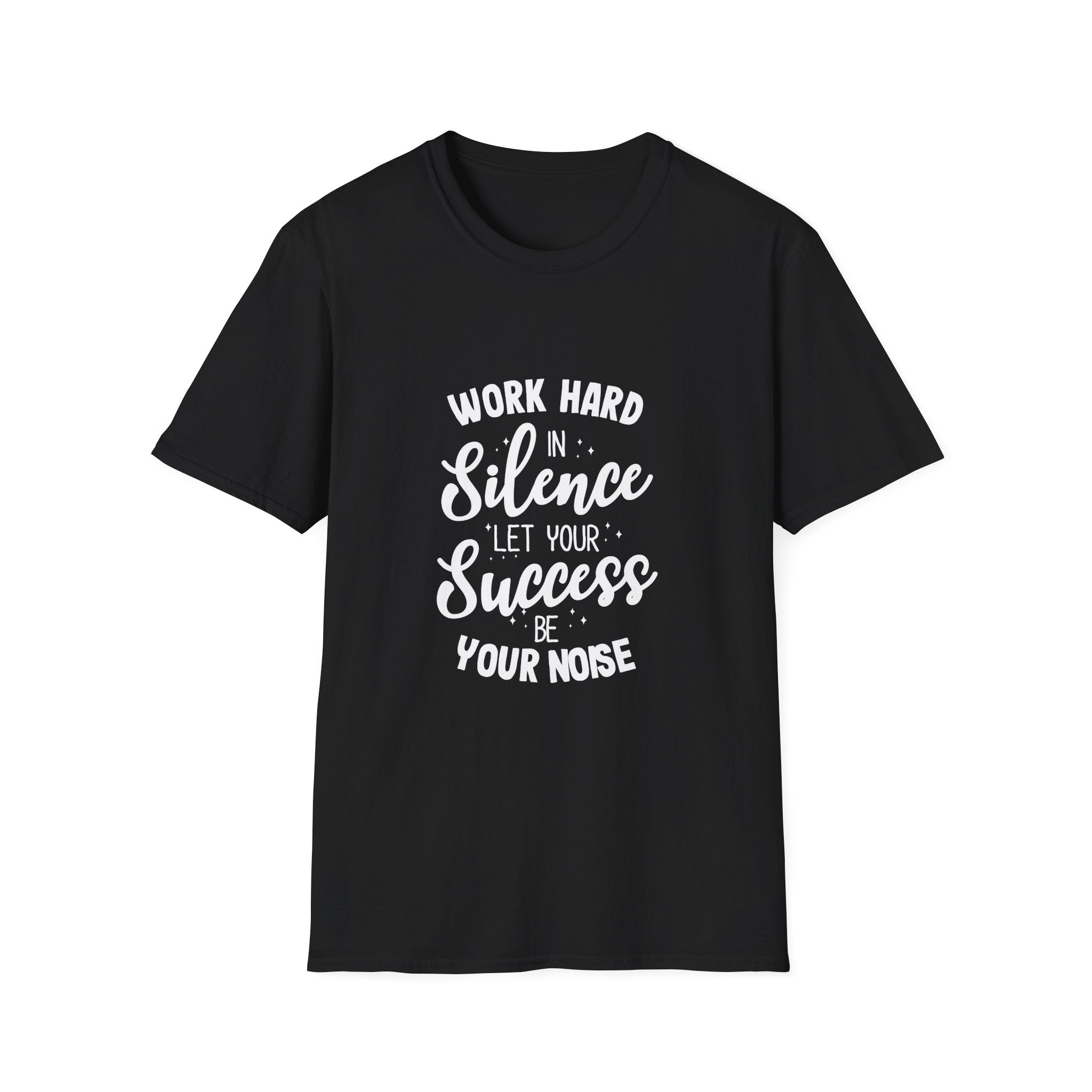 Black t-shirt with motivational quote in white text on a white background