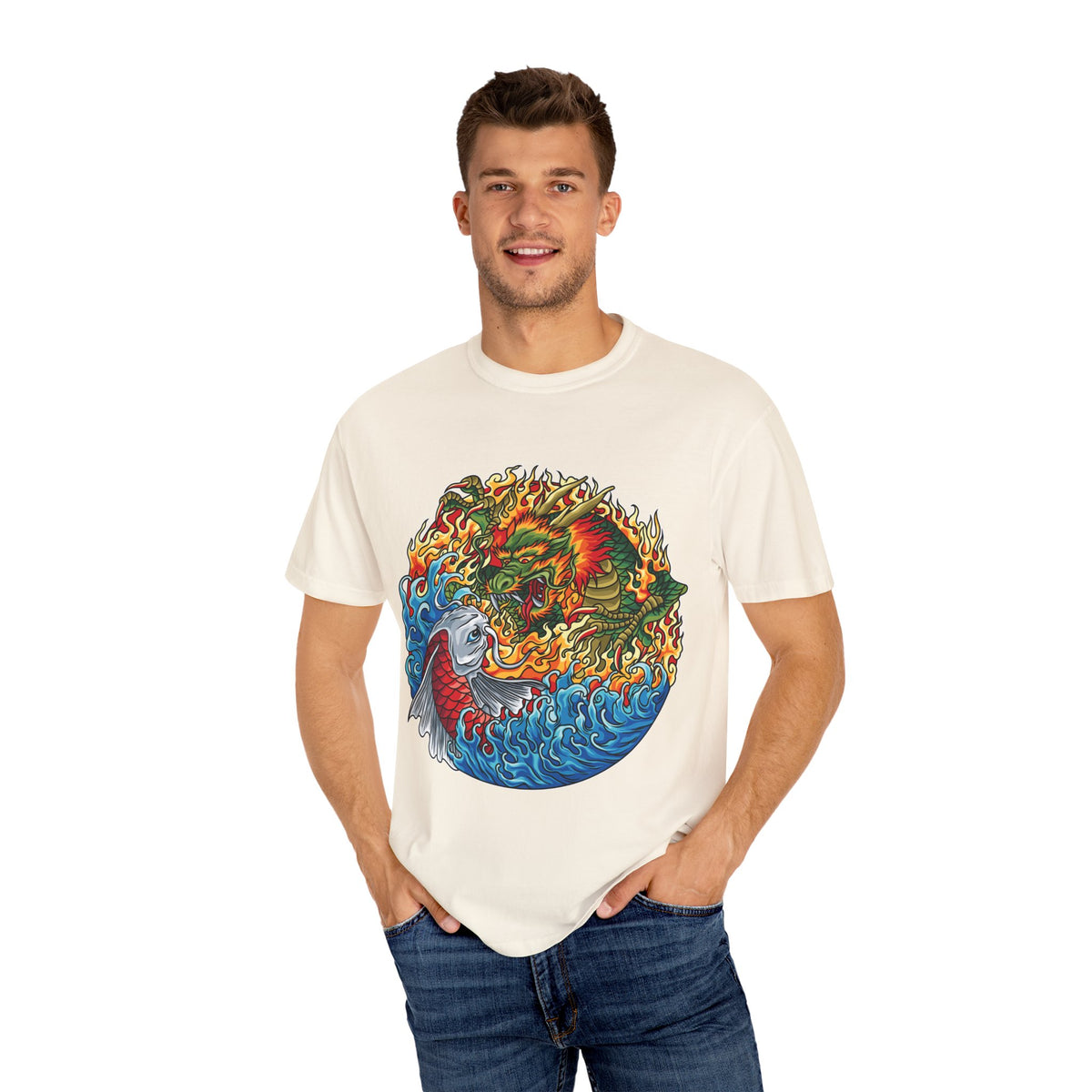 Japanese Dragon Tee - Fire Water Mythical - Koi Art Gift