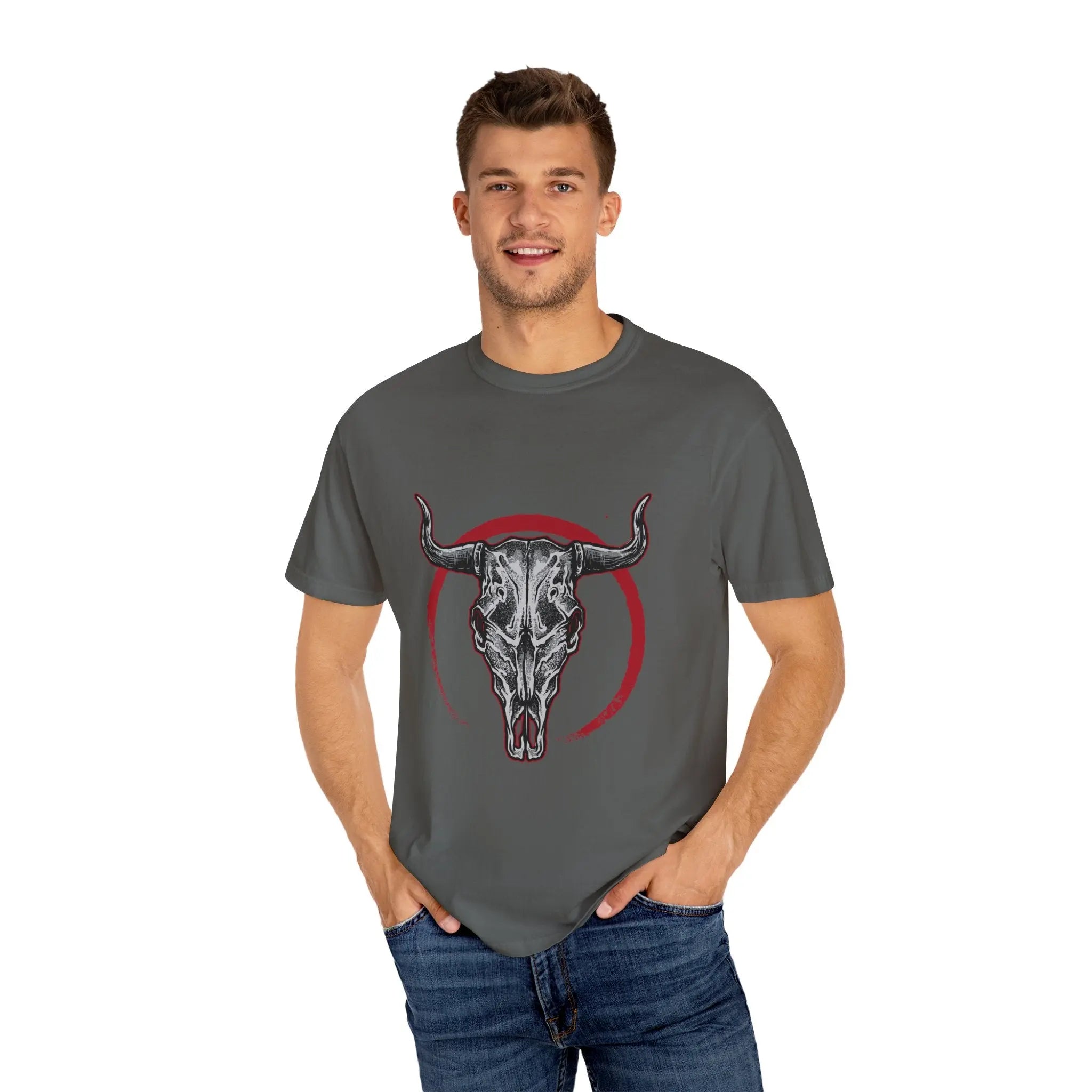 Intricate Bull Skull Design with Red Circle T-Shirt - Sinful Threads