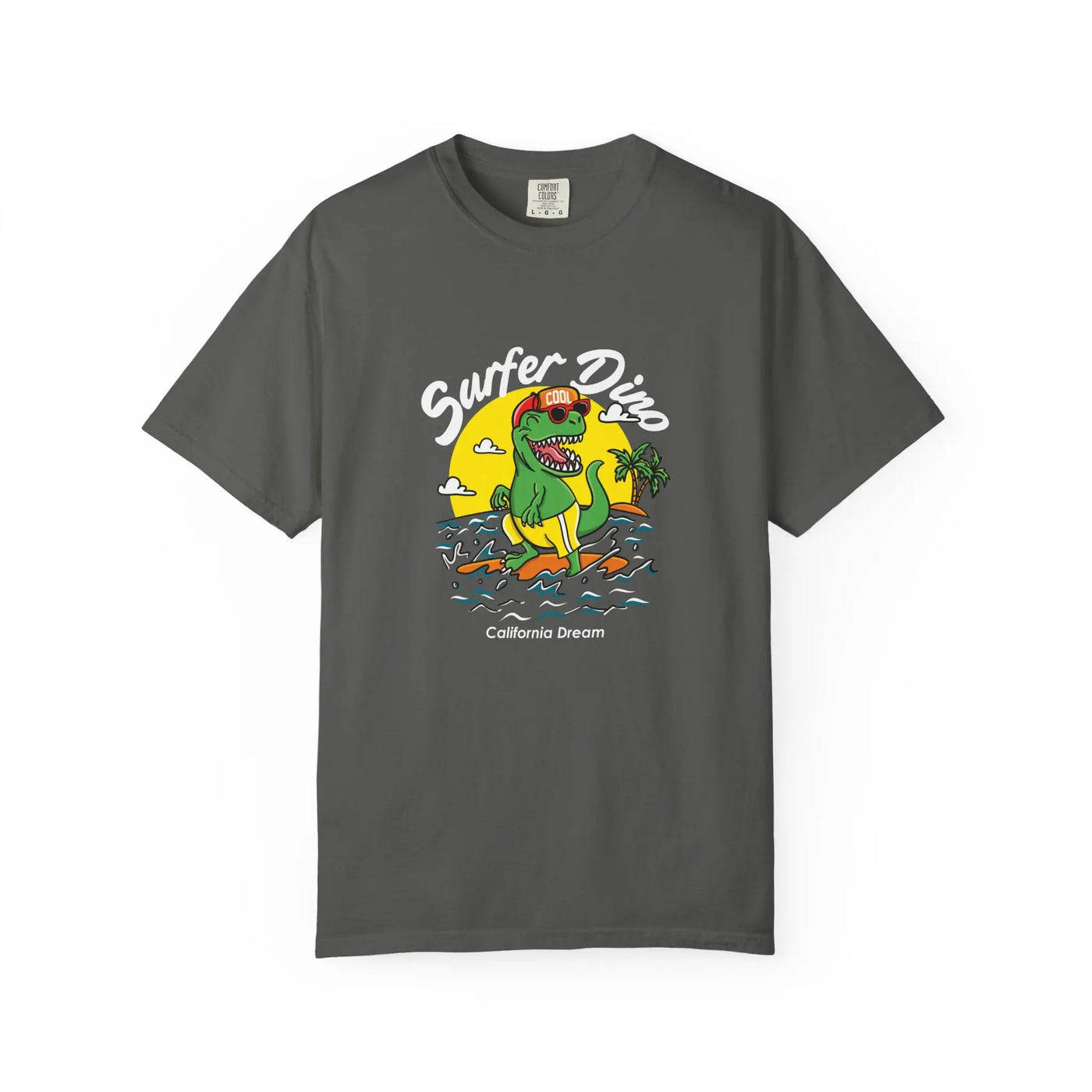 California Dream Surfing Dinosaur In Waves With Palm Tree Graphic T-Shirt - Sinful Threads