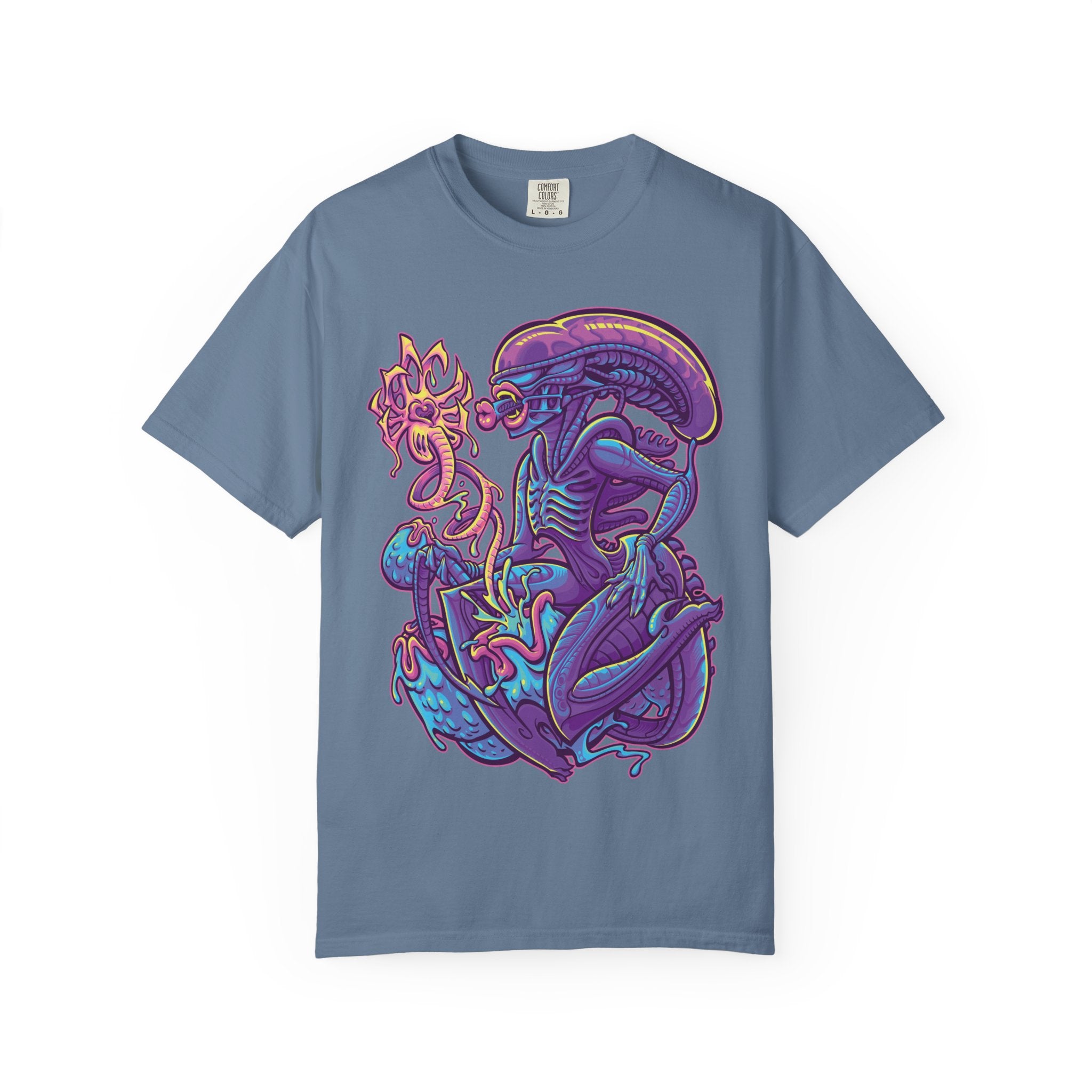Blue t-shirt with a colorful alien design on a white background