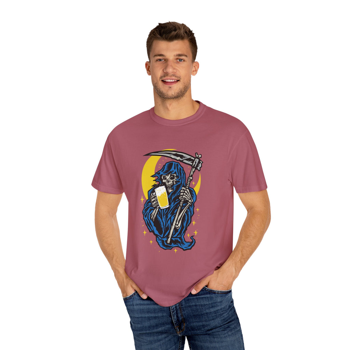 Death Drinks Beer Under The Moon Funny Graphic T-Shirt