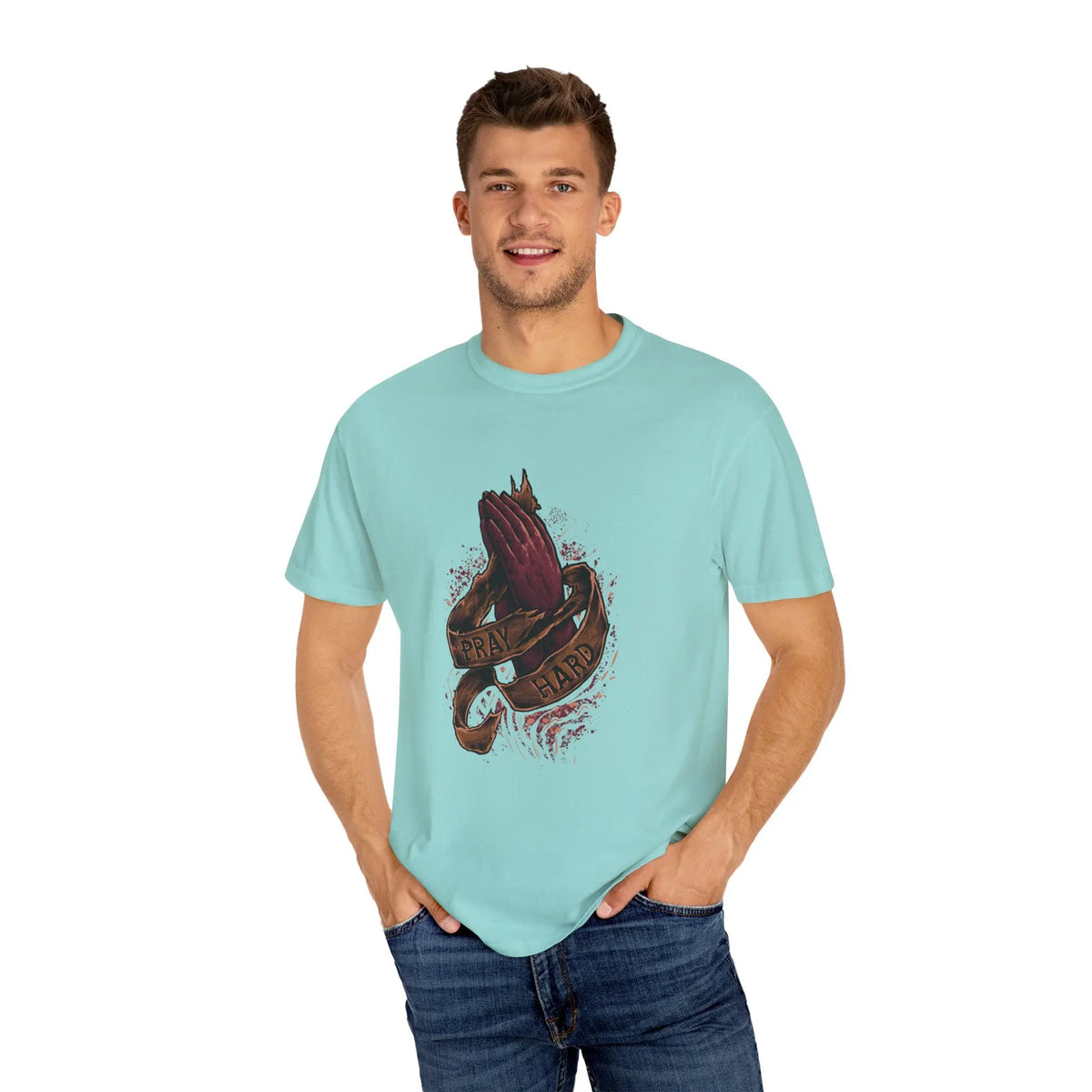 Pray Hard Hands Illustration Graphic Design Art T-Shirt - Sinful Threads
